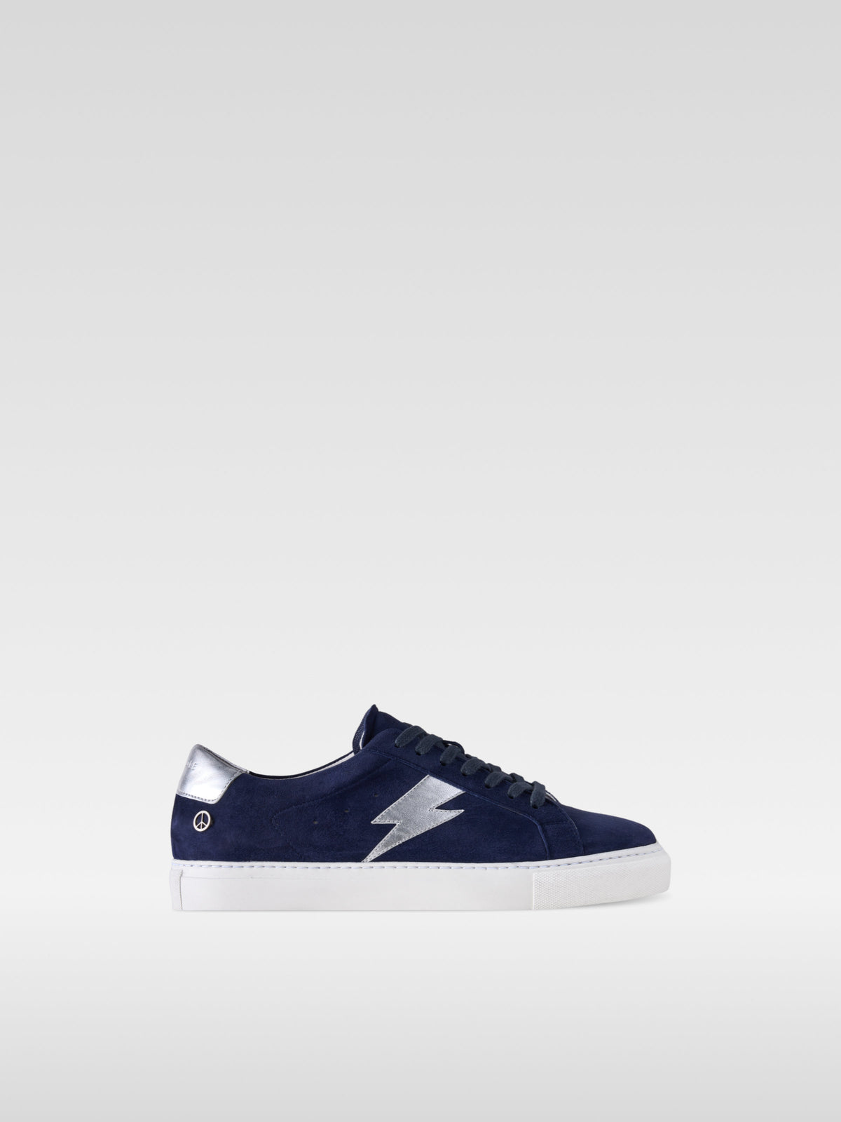 Pulse navy suede sneakers with silver lightning bolt for men, side view