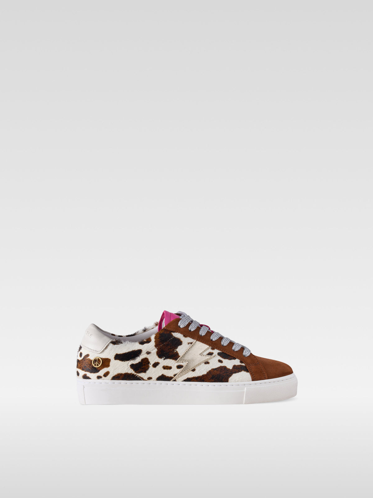 Pulse brown and white pony hair sneakers for women, side view