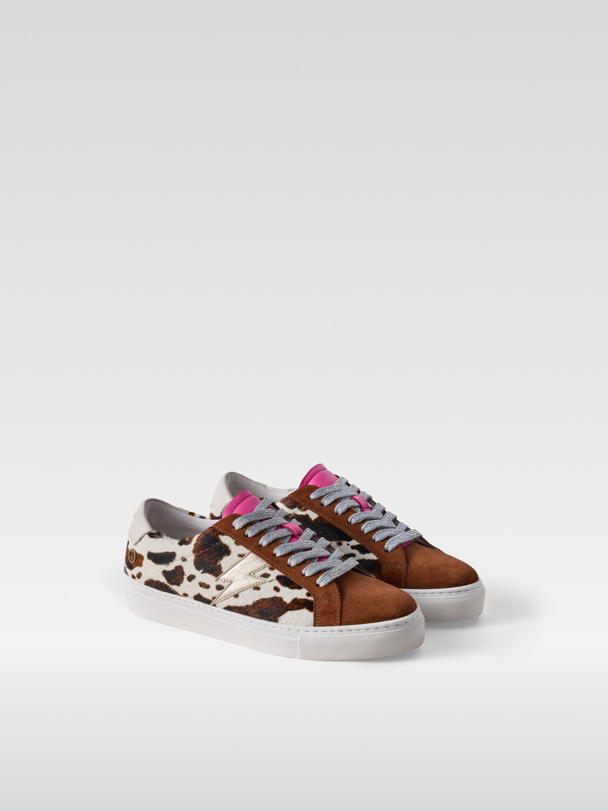 Pulse brown and white pony hair sneakers for women, three-quarter view