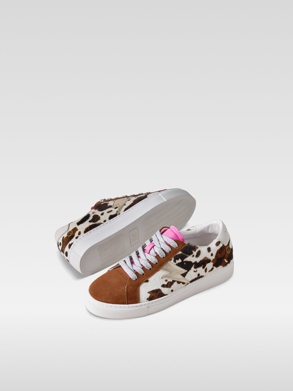 Pulse brown and white pony hair sneakers for women, front view