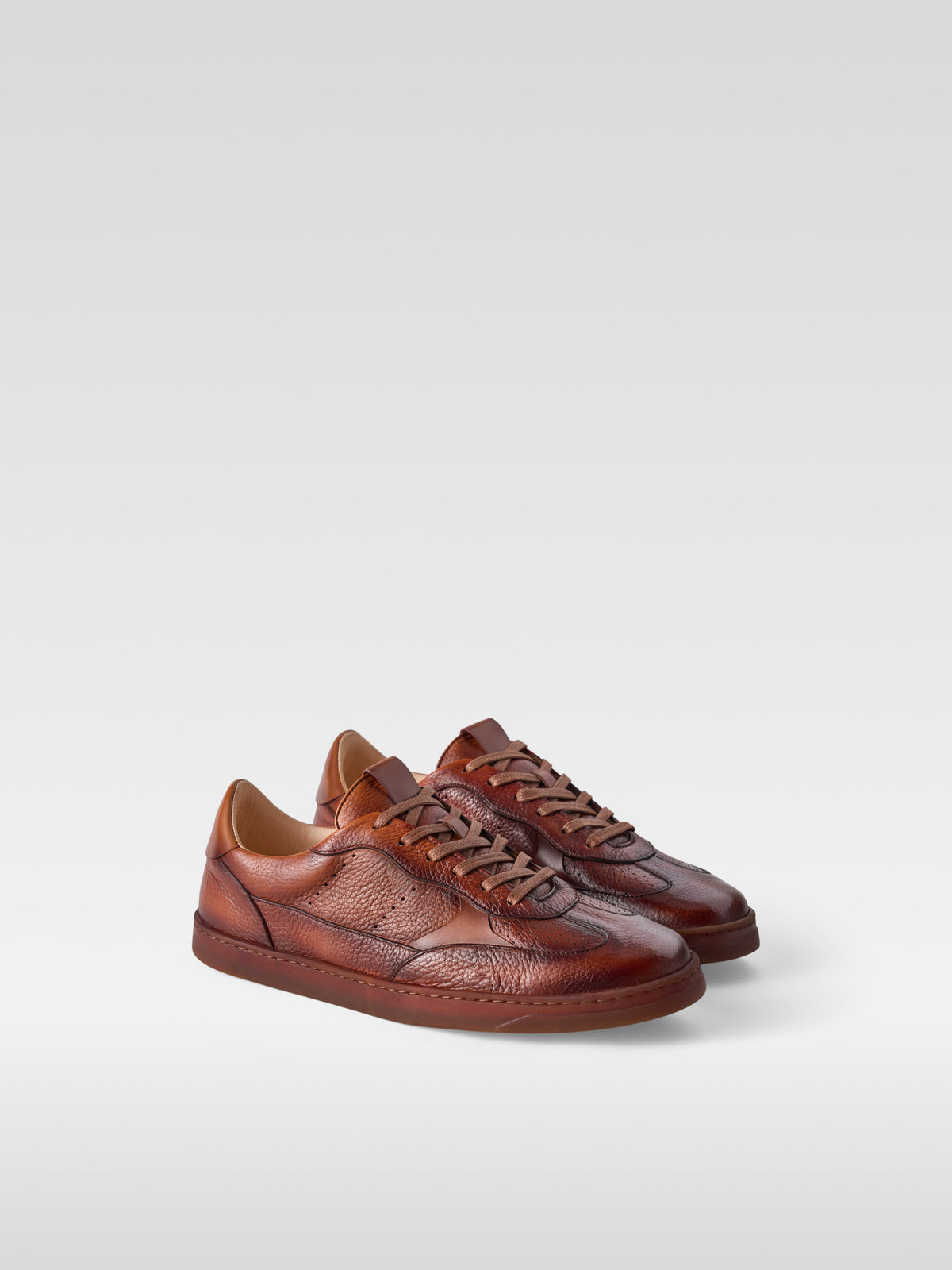 Lalas II cognac hand-painted deer leather sneakers for men, three-quarter view