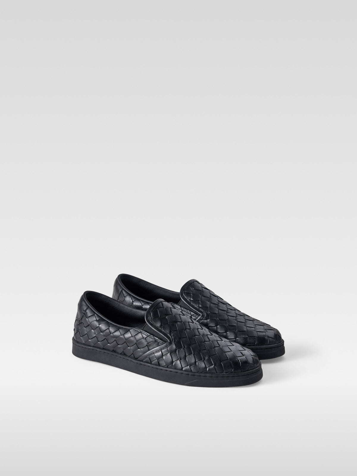 Loom all black handwoven nappa leather sneakers for men, three-quarter view