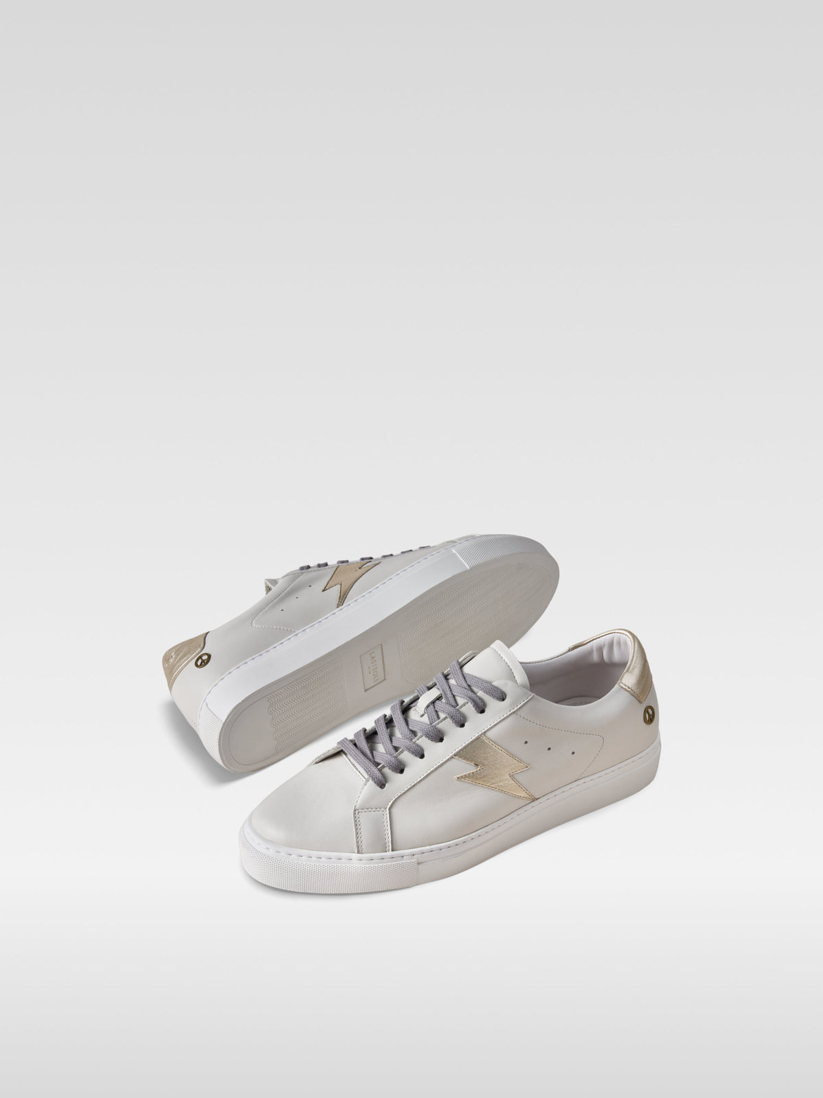 Pulse off white nappa sneakers with gold lightning bolt for men, front view