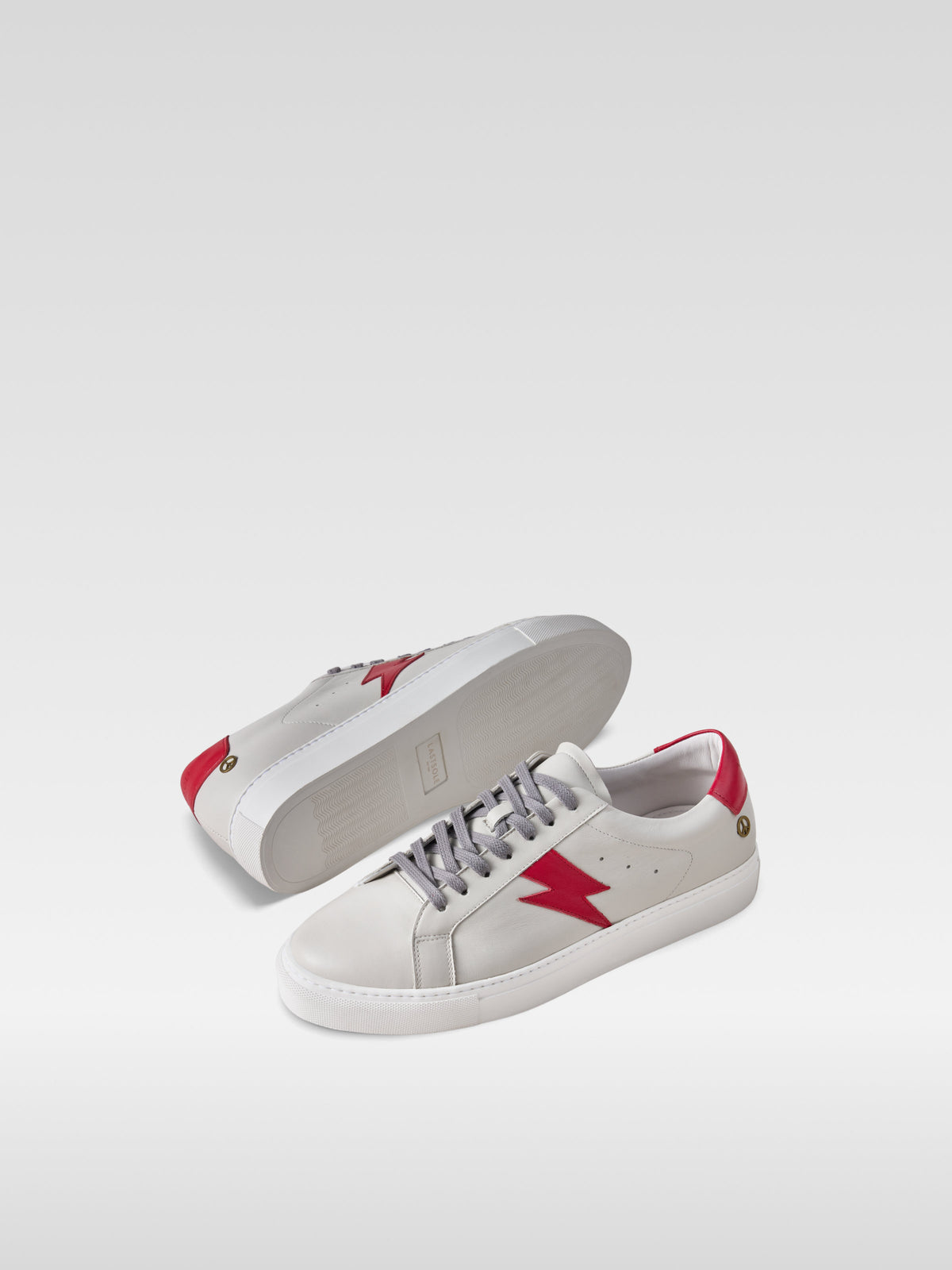 Pulse off white nappa sneakers with red lightning bolt for men, front view