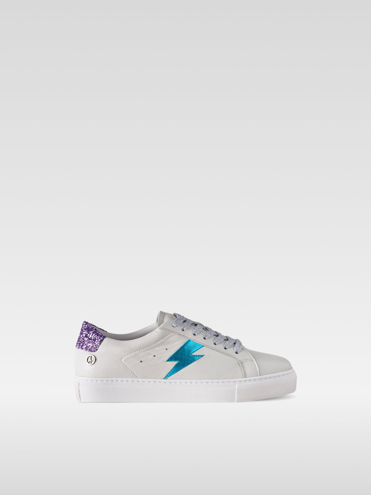 Pulse off white nappa sneakers with turquoise lightning bolt for women, side view